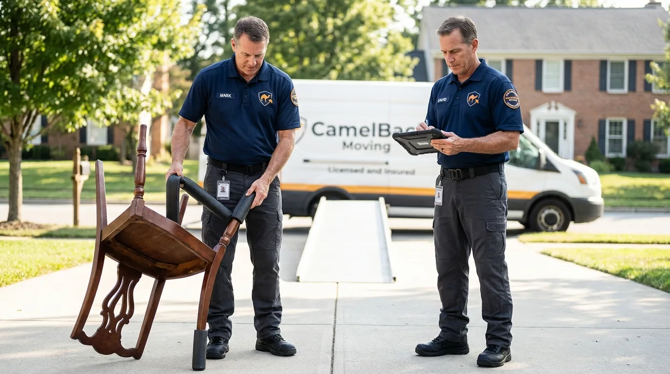 Movers inspecting furniture for damage prevention before loading in Lockeford, CA